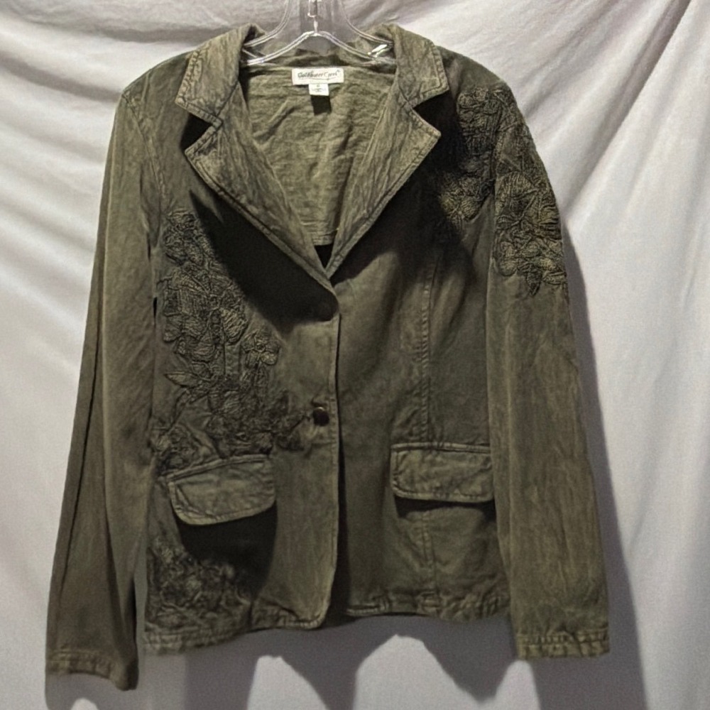 Coldwater Creek Olive Green Embroidered Linen Blend Blazer Jacket Size 10